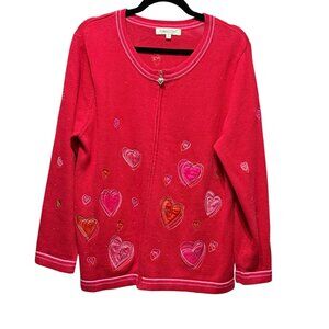 Coldwater Creek XL Red Cardigan With Beads Heart Embroidery & Heart Zipper Pull